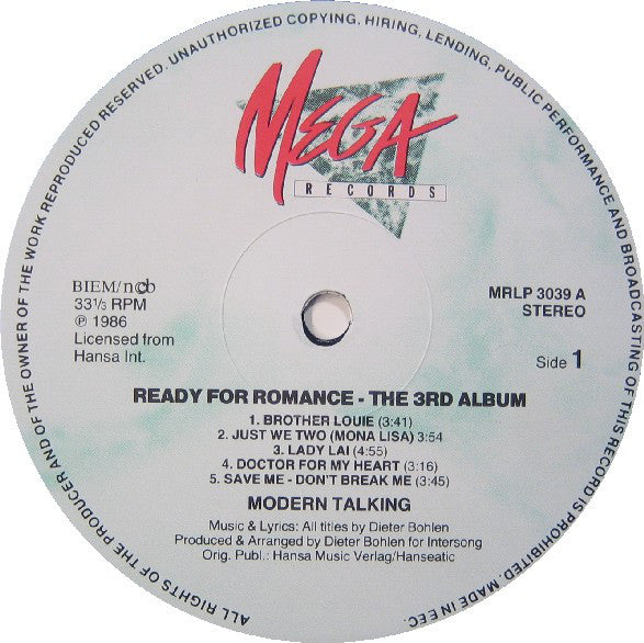 Modern Talking : Ready For Romance (The 3rd Album) (LP, Album)