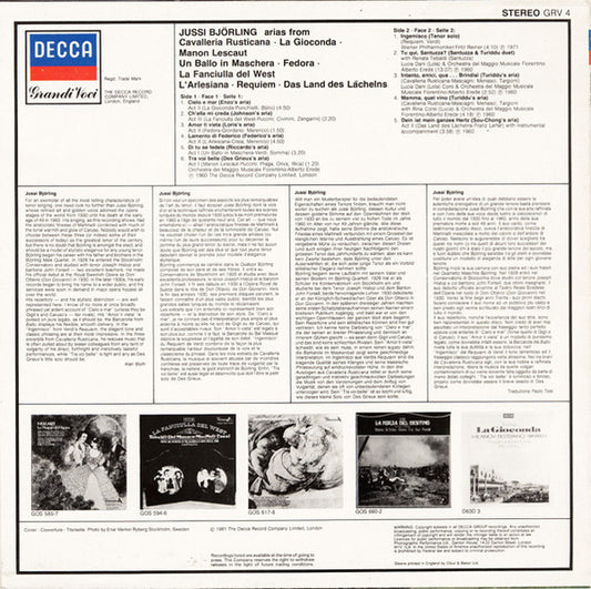 Jussi Björling : Arias From Cavalleria Rusticana · La Gioconda · Manon Lescaut · Un Ballo In Maschera · Fedora · La Fanciulla Del West · L'Arlesiana · Requiem · Das Land Des Lächelns (LP, Comp)