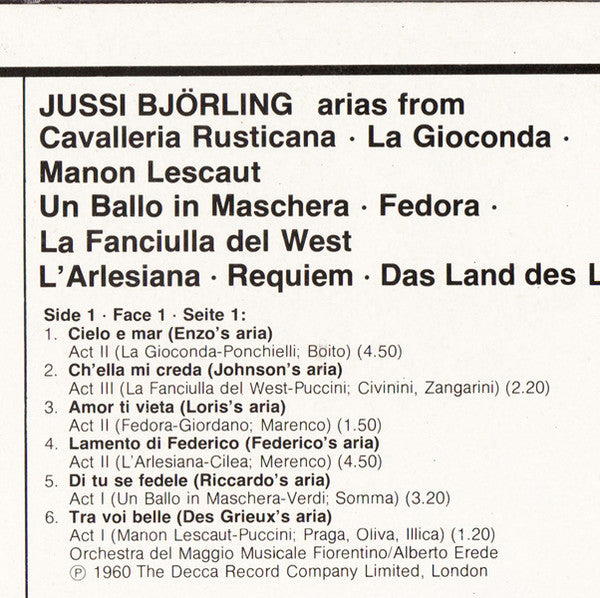 Jussi Björling : Arias From Cavalleria Rusticana · La Gioconda · Manon Lescaut · Un Ballo In Maschera · Fedora · La Fanciulla Del West · L'Arlesiana · Requiem · Das Land Des Lächelns (LP, Comp)