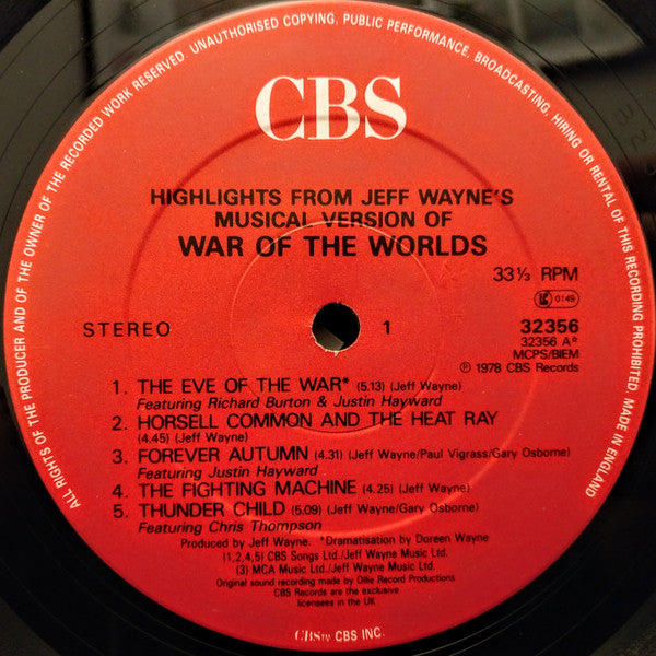 Jeff Wayne : Highlights From Jeff Wayne's Musical Version Of The War Of The Worlds (LP, Album, RE, Red)