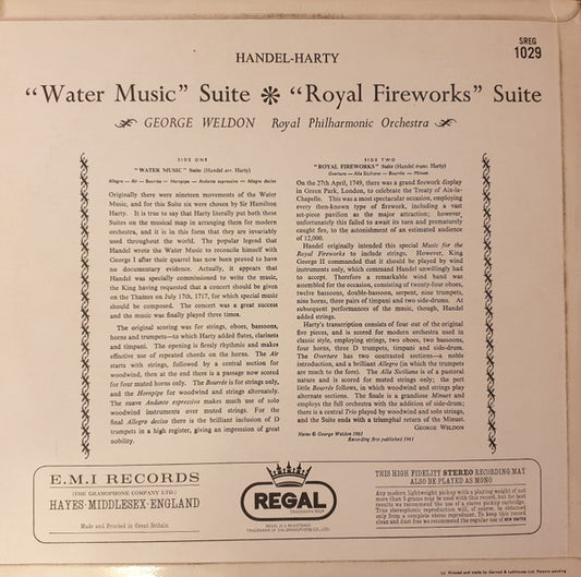 Handel* - Harty*, George Weldon, Royal Philharmonic Orchestra : Water Music Suite / Royal Fireworks Suite (LP, RE)
