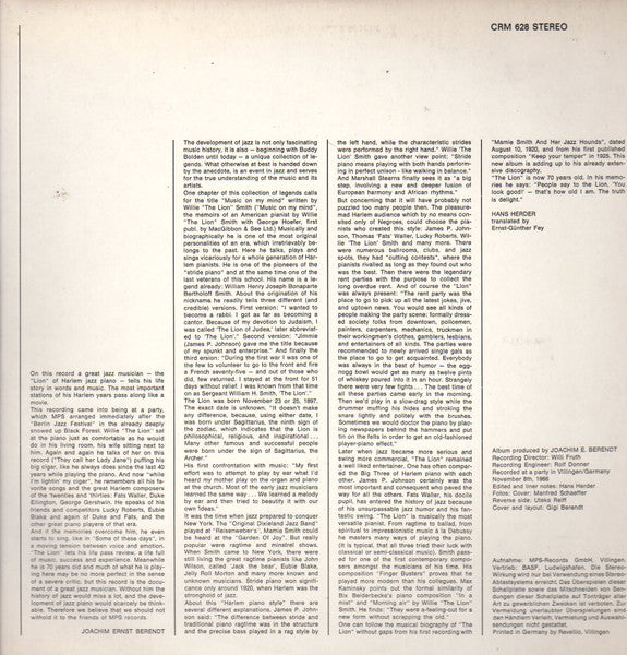 Willie "The Lion" Smith : Music On My Mind (LP, Album, RE, Gat)