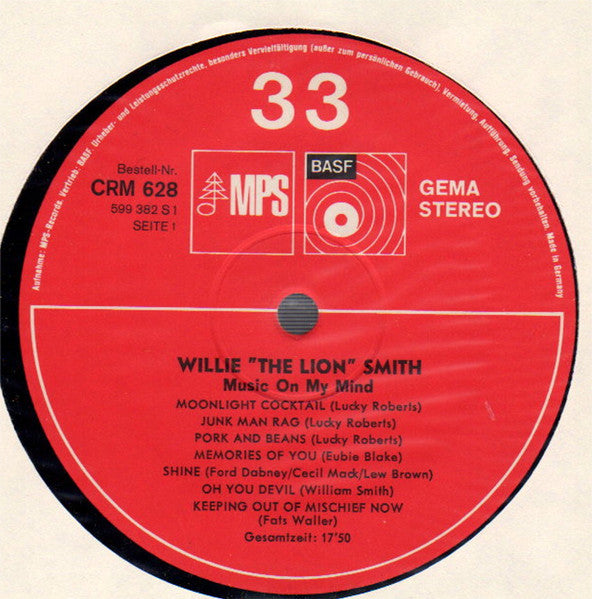 Willie "The Lion" Smith : Music On My Mind (LP, Album, RE, Gat)