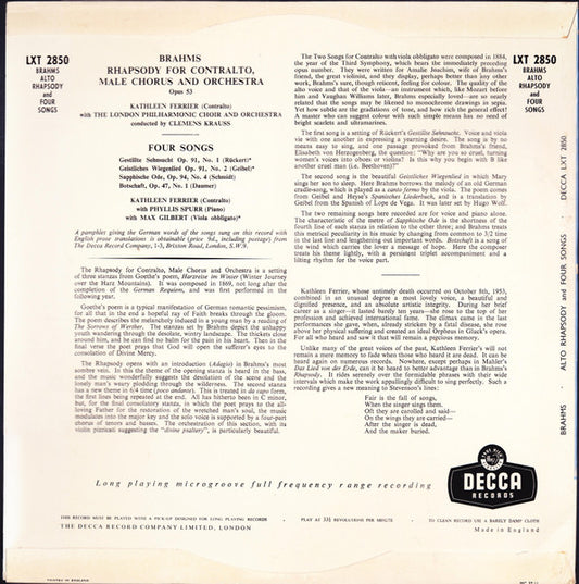 Kathleen Ferrier, Johannes Brahms : Rhapsody For Contralto, Male Chorus And Orchestra ‧ Four Songs (LP, Mono, RE)