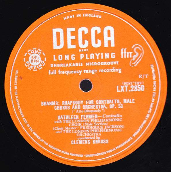 Kathleen Ferrier, Johannes Brahms : Rhapsody For Contralto, Male Chorus And Orchestra ‧ Four Songs (LP, Mono, RE)