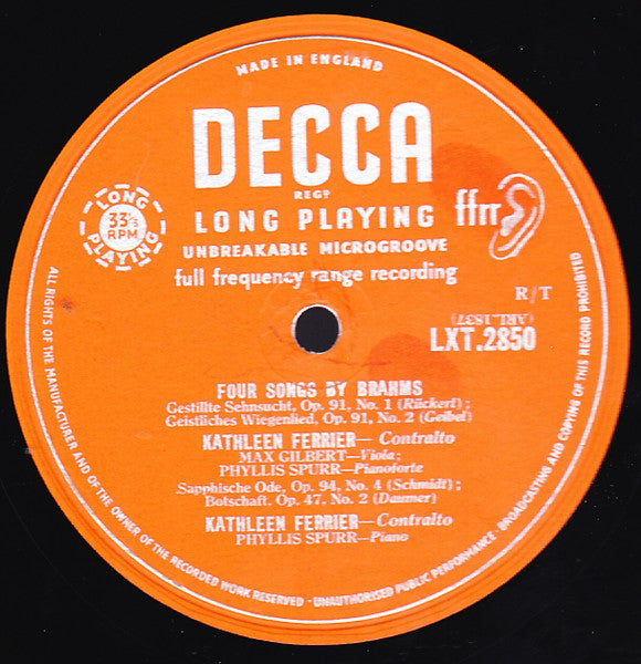 Kathleen Ferrier, Johannes Brahms : Rhapsody For Contralto, Male Chorus And Orchestra ‧ Four Songs (LP, Mono, RE)