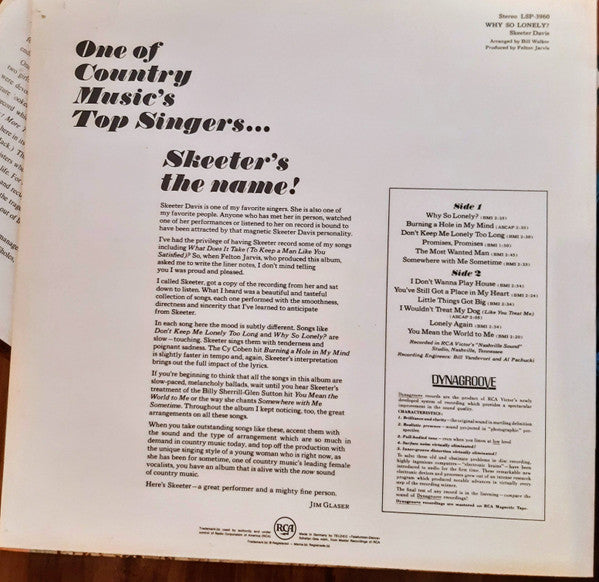 Skeeter Davis : Why So Lonely? (LP, Album)