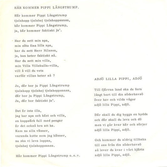 Inger Nilsson : Här Kommer Pippi Långstrump / Adjö Lilla Pippi, Adjö (7", Single, 3-p)