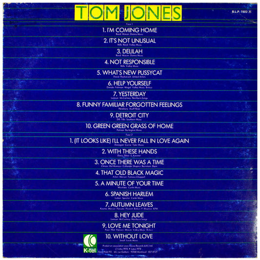 Tom Jones : Tom Jones Nous Revient - Ses 20 Plus Grands Succès... (LP, Comp)
