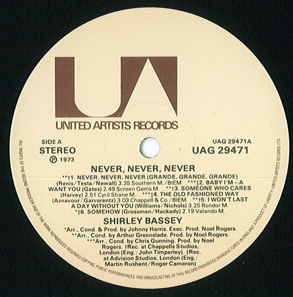 Shirley Bassey : Never, Never, Never (LP, Album, Gat)