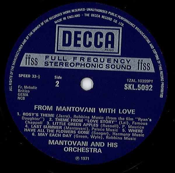 Mantovani And His Orchestra : From Mantovani With Love (LP, Album)