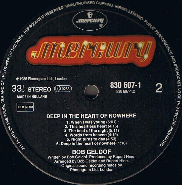 Bob Geldof - Deep In The Heart Of Nowhere (LP) (Very Good Plus (VG+)) - Skanderborg Vinyl