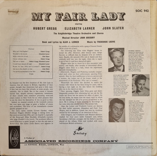 Lerner & Loewe, Elizabeth Larner, Hubert Gregg, John Slater (7), The Knightsbridge Theatre Orchestra And Chorus, John Gregory : My Fair Lady (LP)