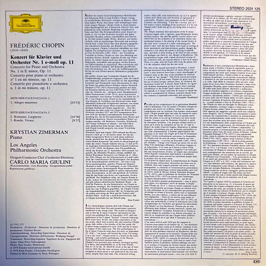 Frédéric Chopin - Krystian Zimerman · Los Angeles Philharmonic Orchestra, Carlo Maria Giulini - Klavierkonzert = Piano Concerto No. 1 (LP) (Very Good Plus (VG+)) - Skanderborg Vinyl