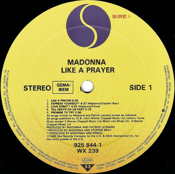 Madonna : Like A Prayer (LP, Album, Tel)