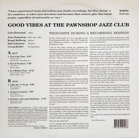 Lars Erstrand • Arne Domnérus Kvartett : Good Vibes At The Pawnshop Jazz Club (LP, Album, Ltd)