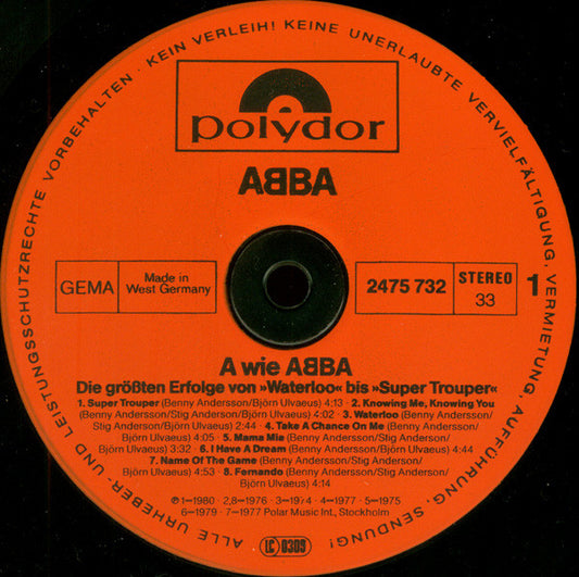 ABBA : A Wie ABBA (Die Grössten Erfolge Von »Waterloo« Bis »Super Trouper«) (LP, Comp)