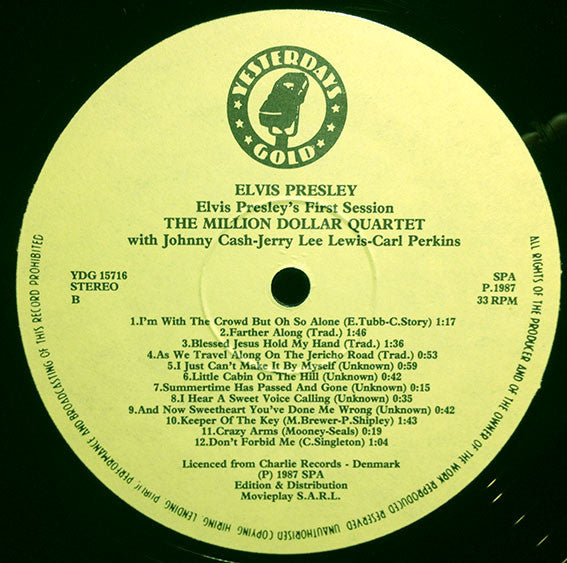 Elvis Presley, Jerry Lee Lewis, Carl Perkins, Johnny Cash : Elvis Presley's First Session The Million Dollar Quartet (LP, Album, RE)