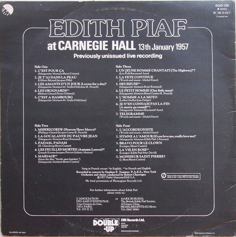Edith Piaf - Edith Piaf At Carnegie Hall (13th January 1957) (2xLP) (Very Good Plus (VG+)) - Skanderborg Vinyl