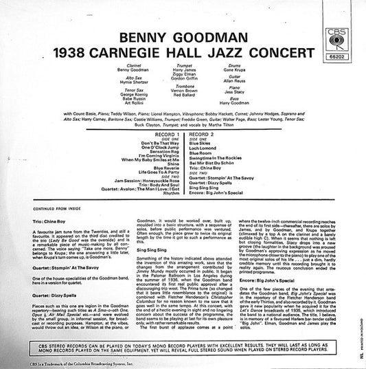 Benny Goodman : The Famous 1938 Carnegie Hall Jazz Concert (2xLP, Gat)
