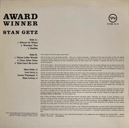 Stan Getz : Award Winner (LP, Album, Mono, RE)