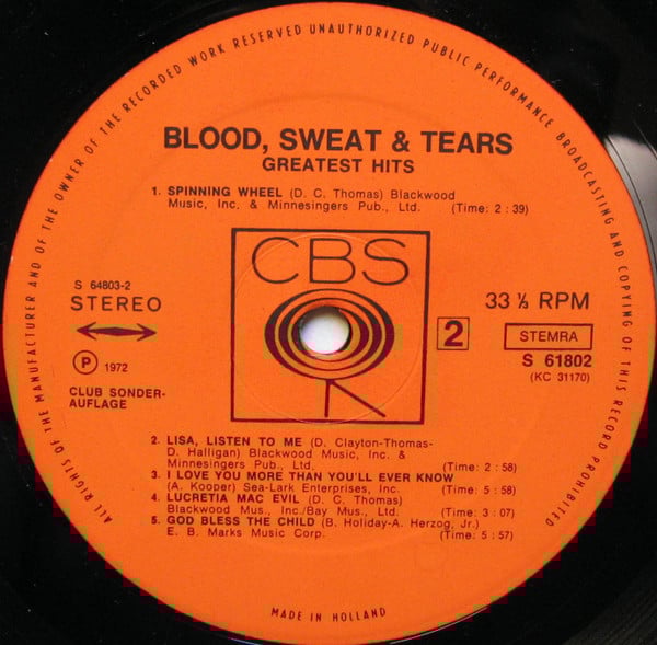Blood, Sweat And Tears : Blood, Sweat & Tears Greatest Hits (LP, Comp, Club)