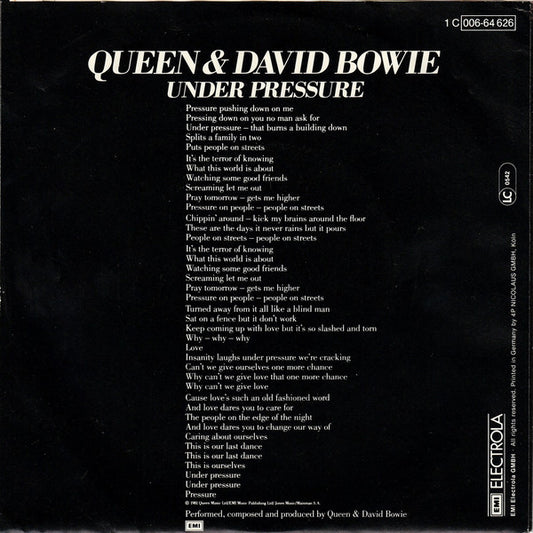 Queen & David Bowie : Under Pressure (7", Single, Yel)