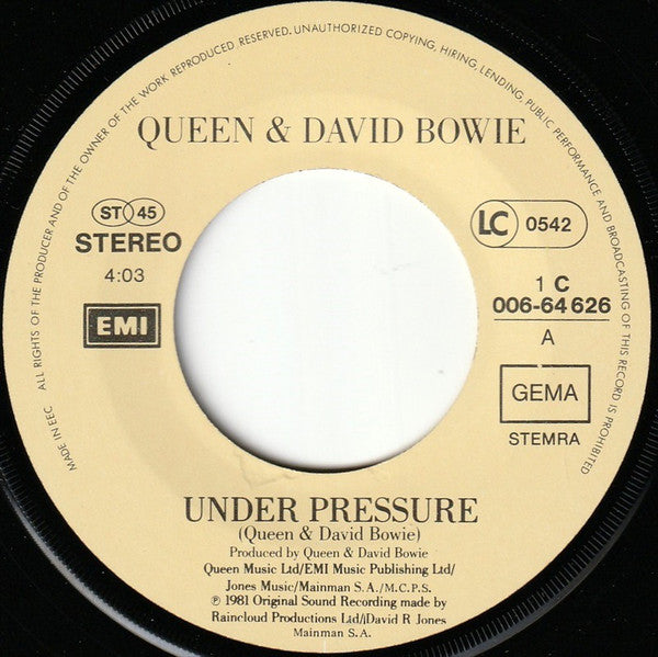 Queen & David Bowie : Under Pressure (7", Single, Yel)