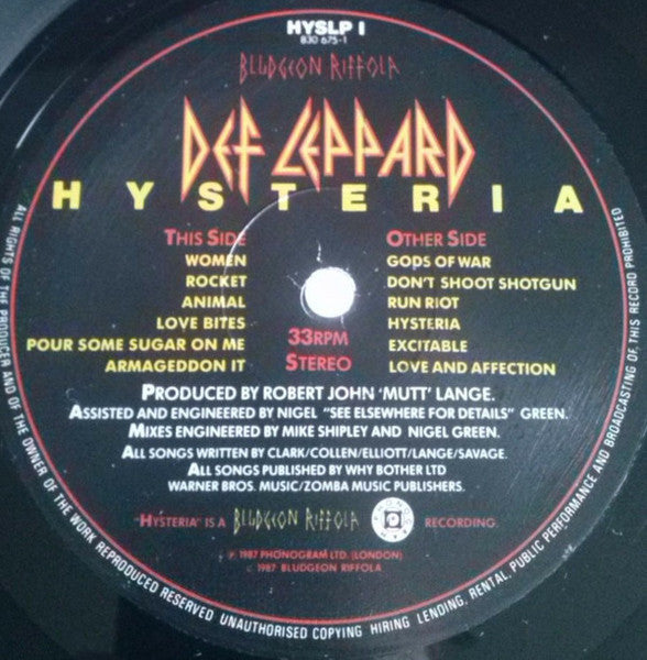 Def Leppard : Hysteria (LP, Album)