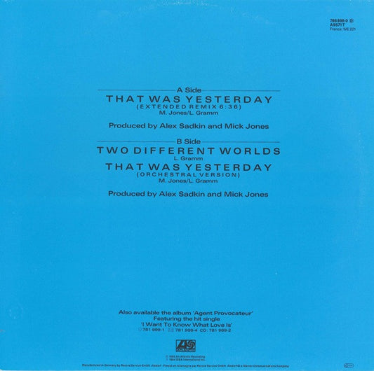 Foreigner : That Was Yesterday (12")