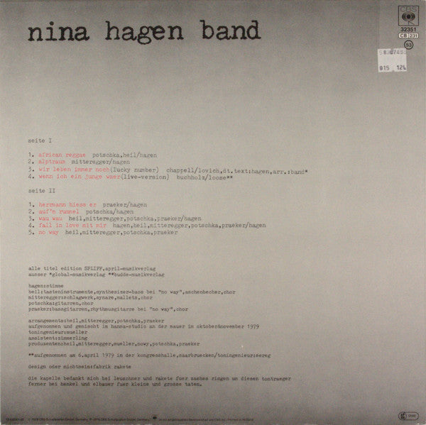 Nina Hagen Band : Unbehagen (LP, Album, RE, Sun)