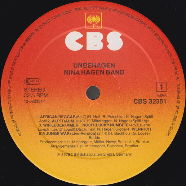 Nina Hagen Band : Unbehagen (LP, Album, RE, Sun)