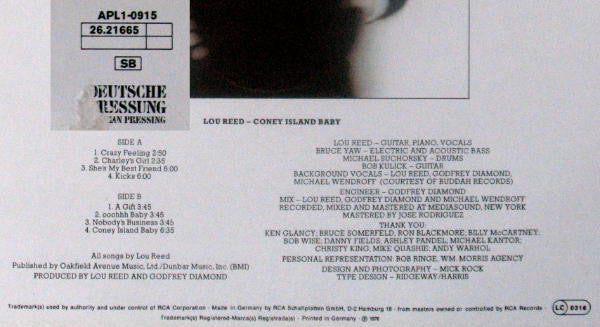 Lou Reed : Coney Island Baby (LP, Album, RP)