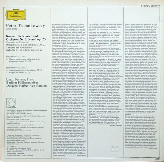 Herbert von Karajan ∙ Lazar Berman, Pyotr Ilyich Tchaikovsky, Berliner Philharmoniker : Klavierkonzert Nr. 1 B-moll = Piano Concerto No. 1 In B Flat Minor (LP, RE)