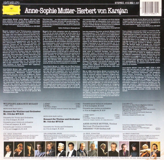 Anne-Sophie Mutter • Herbert von Karajan, Wolfgang Amadeus Mozart, Berliner Philharmoniker : Violinkonzerte = Violin Concertos Nos. 3 & 5 (LP, Album, RE)