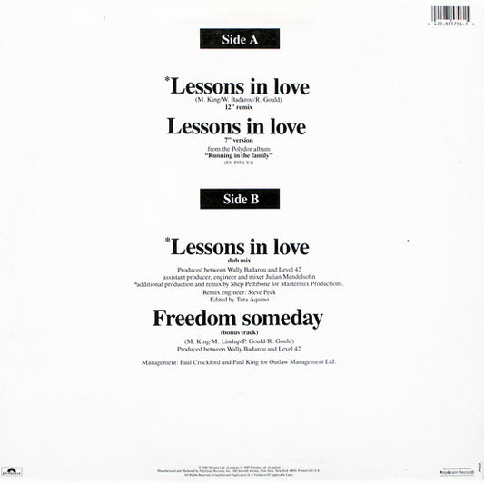 Level 42 : Lessons In Love (12", Single)