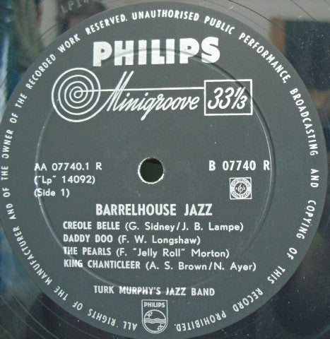 Turk Murphy And His Jazz Band* : Barrelhouse Jazz (10")