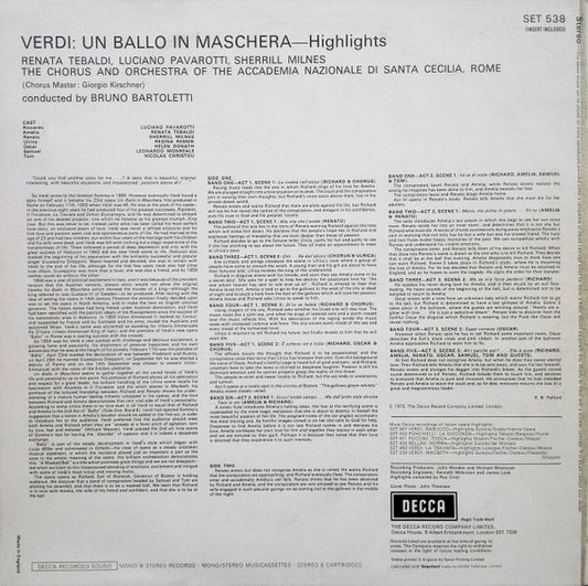 Giuseppe Verdi, Renata Tebaldi, Luciano Pavarotti, Sherrill Milnes, Orchestra dell'Accademia Nazionale di Santa Cecilia, Bruno Bartoletti : Un Ballo In Maschera - Highlights (LP)