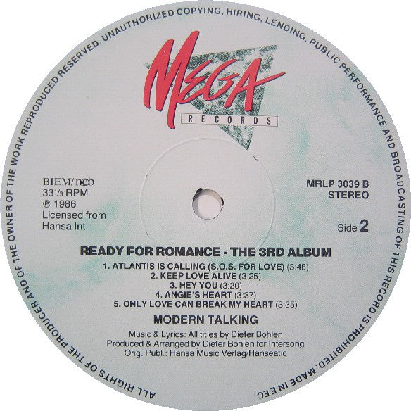 Modern Talking : Ready For Romance (The 3rd Album) (LP, Album)