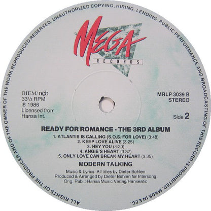 Modern Talking : Ready For Romance (The 3rd Album) (LP, Album)