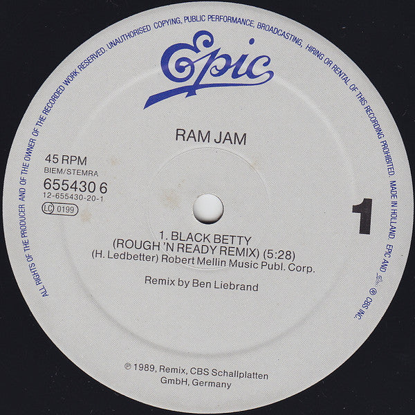 Ram Jam : Black Betty (Remix) (12", Maxi)
