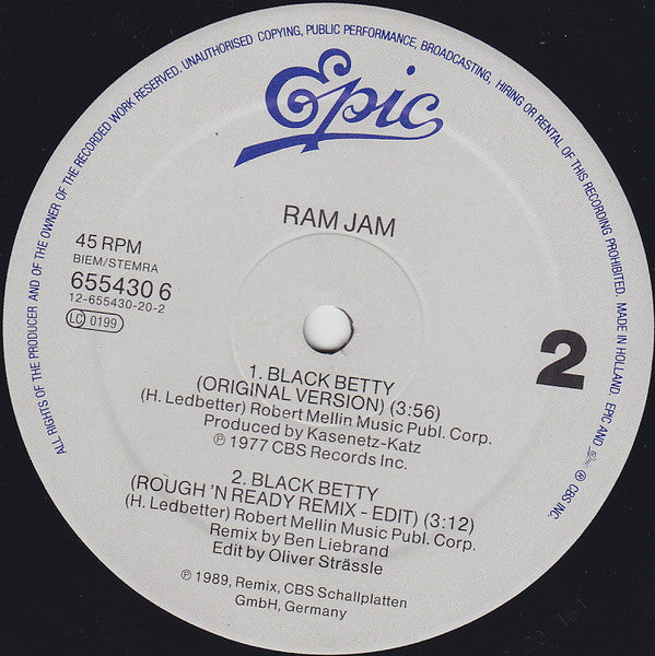 Ram Jam : Black Betty (Remix) (12", Maxi)