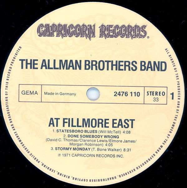 The Allman Brothers Band : The Allman Brothers Band At Fillmore East (2xLP, Album, RE)
