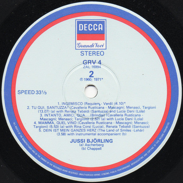 Jussi Björling : Arias From Cavalleria Rusticana · La Gioconda · Manon Lescaut · Un Ballo In Maschera · Fedora · La Fanciulla Del West · L'Arlesiana · Requiem · Das Land Des Lächelns (LP, Comp)