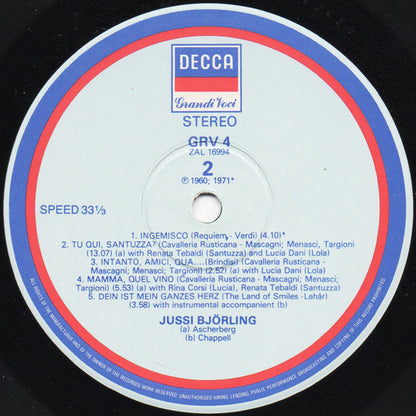Jussi Björling : Arias From Cavalleria Rusticana · La Gioconda · Manon Lescaut · Un Ballo In Maschera · Fedora · La Fanciulla Del West · L'Arlesiana · Requiem · Das Land Des Lächelns (LP, Comp)