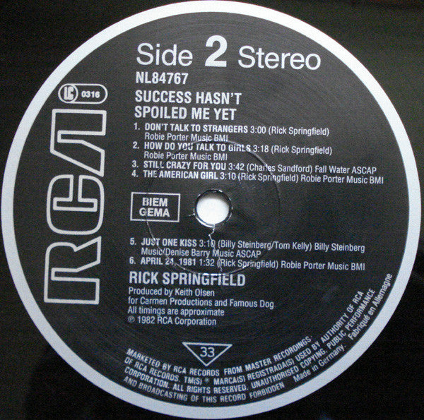 Rick Springfield : Success Hasn't Spoiled Me Yet (LP, Album, RE)