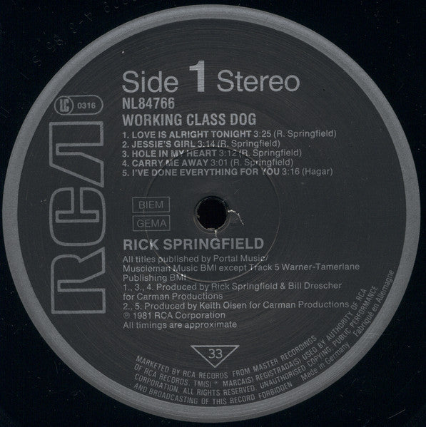 Rick Springfield : Working Class Dog (LP, Album, RE)