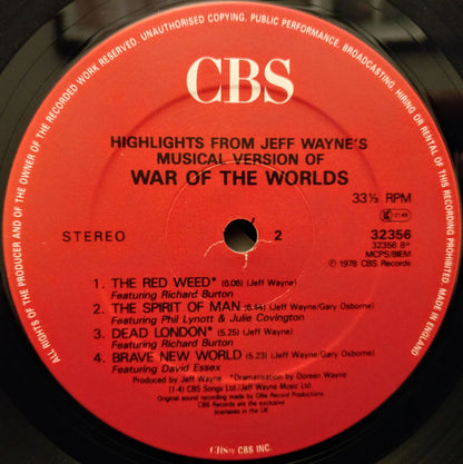 Jeff Wayne : Highlights From Jeff Wayne's Musical Version Of The War Of The Worlds (LP, Album, RE, Red)