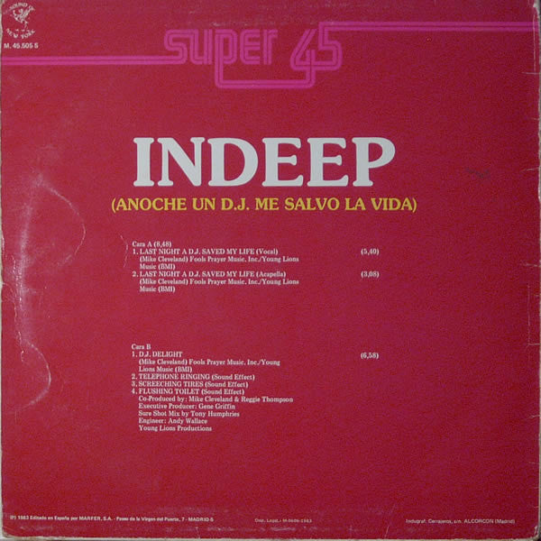 Indeep : Last Night A D.J. Saved My Life (Anoche Un D.J. Me Salvo La Vida) (12", Maxi)