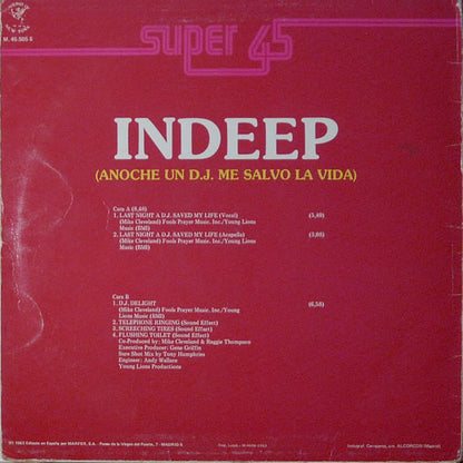Indeep : Last Night A D.J. Saved My Life (Anoche Un D.J. Me Salvo La Vida) (12", Maxi)